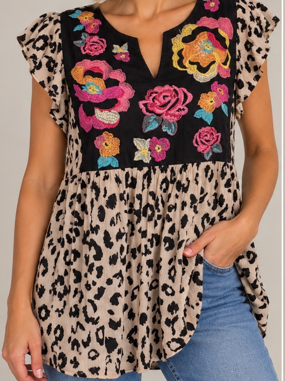 Savanna Jane Leopard Print Floral Embroidered Boho Top Small